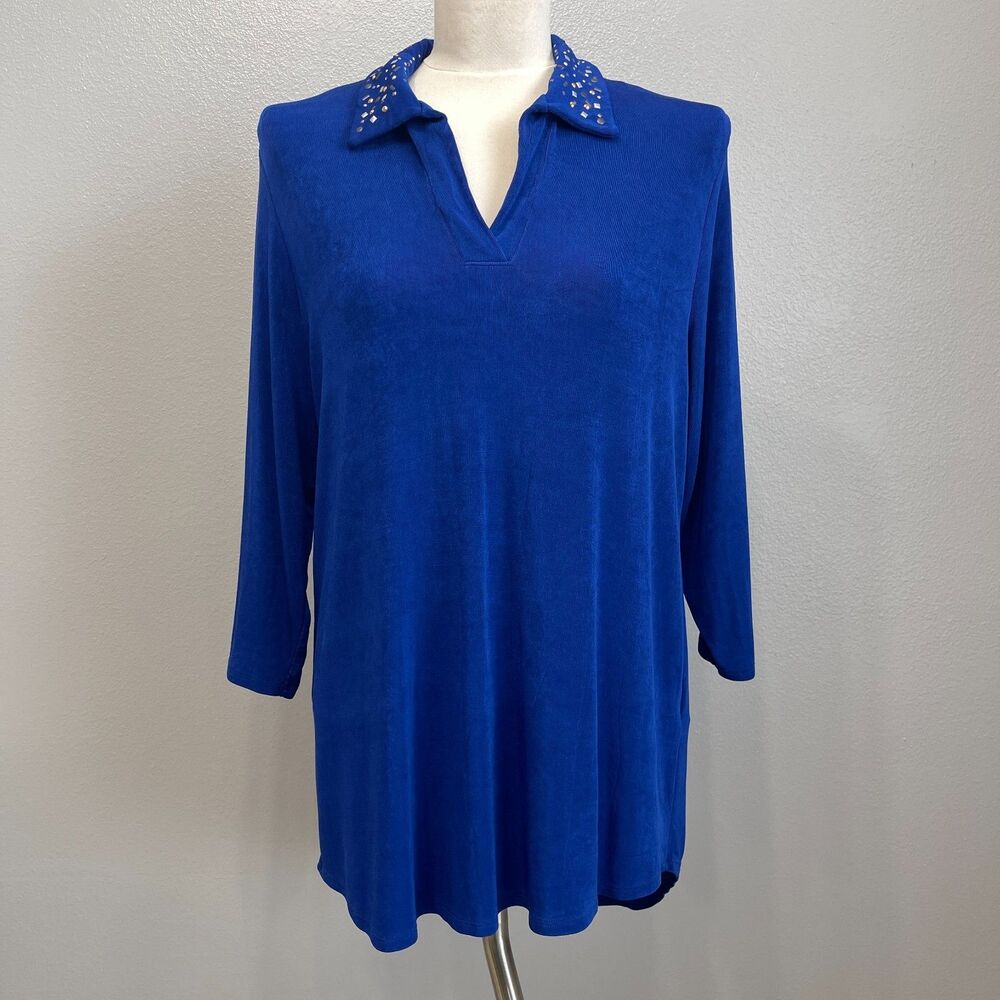 Chico's Women's Collared V-Neck Top Size 2 Large 12 Royal‎ Blue